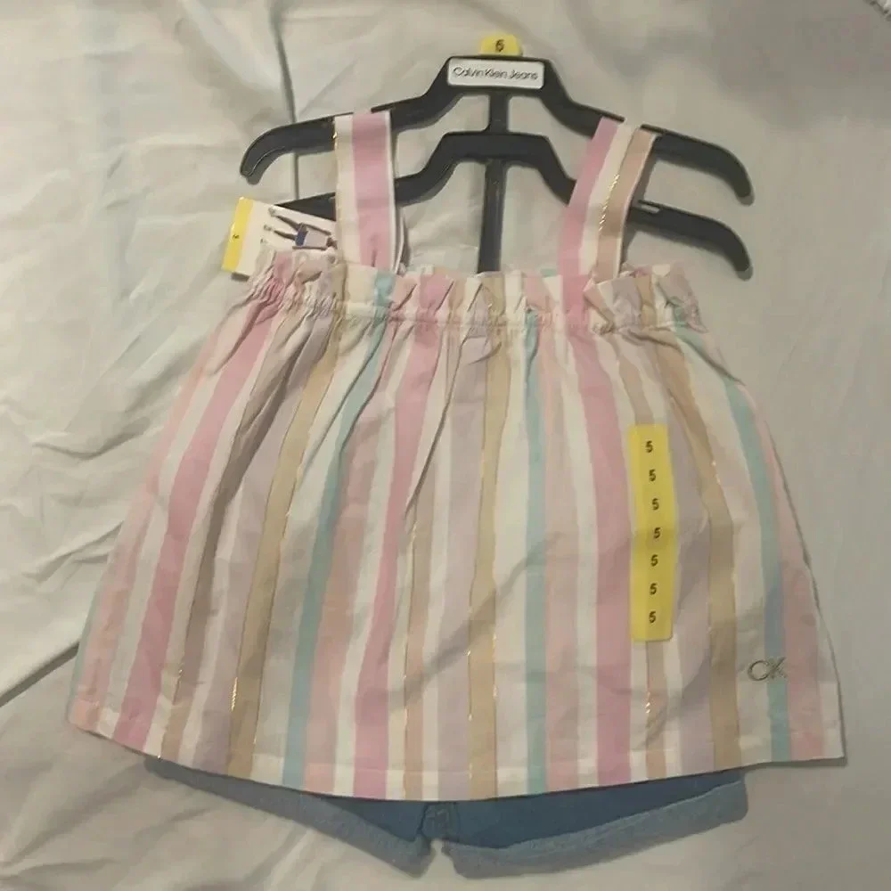 Calvin Klein pink 3 piece shirt set Jean Shorts Striped shirt #1